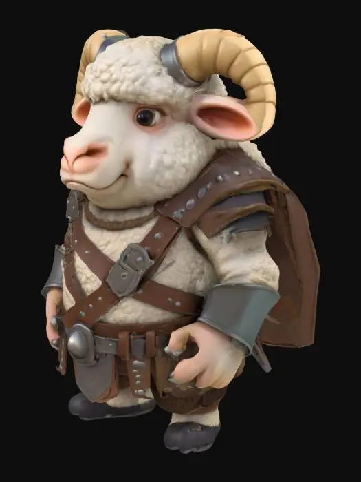 3D model for 一只可爱的卡通绵羊人，身形肥胖圆润，拥有一个巨大且比例夸张的羊头，与短小的人形身体形成1:1的憨态比例。其头上生有两只巨大弯曲的羊角。面部布满了浓密蓬松的白色胡须。它身着一套坚固的维京战斗服和盔甲，材质包含粗犷的皮革与金属，表面可能带有磨损的痕迹。圆胖的身体和短小的四肢，使其整体形象显得笨拙而充满卡通式的力量感。