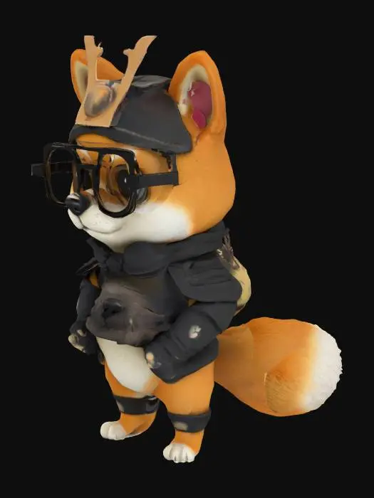 3D model for 一只可爱的卡通柴犬人，全身覆盖着柔软光泽的黑色短毛。它拥有一个巨大圆润的头部，与短小的身体形成1:1的夸张比例，四肢也非常短小，显得憨态可掬。鼻梁上架着一副简洁的黑框眼镜。身上穿着一套具有传统风格的日本铠甲，可能由漆面金属和皮革层叠而成，细节精致。整体形象融合了柴犬的忠诚与卡通的幽默感。