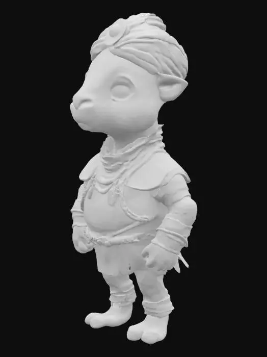 3D model for 一只可爱的卡通骆驼人,拥有一个巨大且圆润的头部,与短小的人形身体形成1:1的夸张比例,显得憨态可掬。它全身覆盖着柔软的浅棕色毛发。四肢短小而略显笨拙。头上戴着一顶色彩鲜艳、布料柔软的印度传统头巾,身上穿着一套具有异域风情的古印度铠甲,可能由闪亮的金属板和柔软的织物组成,装饰有精美的图案。整体形象充满童趣,融合了骆驼的温和与战士的神秘感。