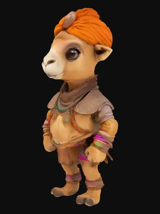3D model for 一只可爱的卡通骆驼人,拥有一个巨大且圆润的头部,与短小的人形身体形成1:1的夸张比例,显得憨态可掬。它全身覆盖着柔软的浅棕色毛发。四肢短小而略显笨拙。头上戴着一顶色彩鲜艳、布料柔软的印度传统头巾,身上穿着一套具有异域风情的古印度铠甲,可能由闪亮的金属板和柔软的织物组成,装饰有精美的图案。整体形象充满童趣,融合了骆驼的温和与战士的神秘感。