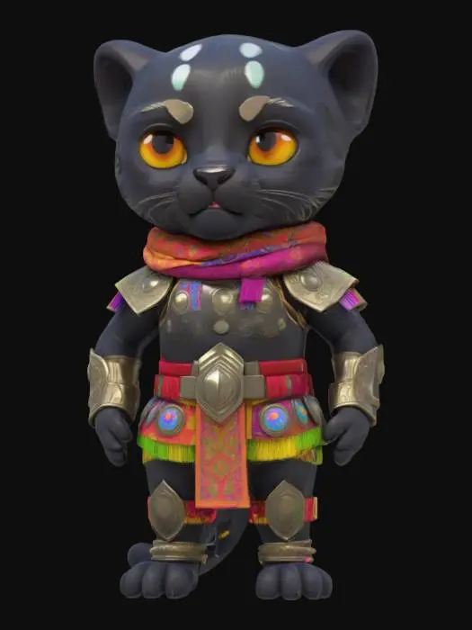 3D model for 一只可爱的卡通黑豹，拥有一个巨大而圆润的头部，与短小的身体形成1:1的夸张比例，显得憨态可掬。它全身覆盖着乌黑发亮的短毛，毛质光滑。四肢短小而略显笨拙。身上穿着一套具有异域风情的巴基斯坦铠甲，可能由闪亮的金属板和彩色织物组成，装饰有精美的传统图案。整体形象充满童趣，同时又不失战士的独特魅力。