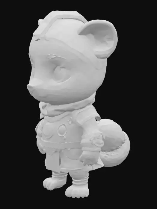 3D model for 一只可爱的卡通黑豹，拥有一个巨大而圆润的头部，与短小的身体形成1:1的夸张比例，显得憨态可掬。它全身覆盖着乌黑发亮的短毛，毛质光滑。四肢短小而略显笨拙。身上穿着一套具有异域风情的巴基斯坦铠甲，可能由闪亮的金属板和彩色织物组成，装饰有精美的传统图案。整体形象充满童趣，同时又不失战士的独特魅力。