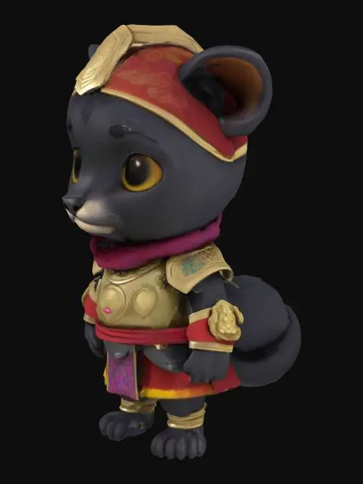 3D model for 一只可爱的卡通黑豹，拥有一个巨大而圆润的头部，与短小的身体形成1:1的夸张比例，显得憨态可掬。它全身覆盖着乌黑发亮的短毛，毛质光滑。四肢短小而略显笨拙。身上穿着一套具有异域风情的巴基斯坦铠甲，可能由闪亮的金属板和彩色织物组成，装饰有精美的传统图案。整体形象充满童趣，同时又不失战士的独特魅力。