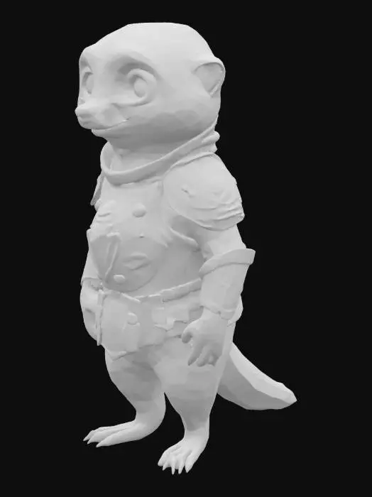 3D model for 一只可爱的卡通狐獴，拥有一个巨大而圆润的头部，与短小的人形身体形成1:1的夸张比例，显得憨态可掬。它全身覆盖着沙棕色的柔软皮毛。四肢短小而略显笨拙。身上穿着一套经典的欧洲铠甲，可能由光泽的金属板和坚韧的皮革组成，表面带有铆钉或简单的纹章，显得既笨重又充满童趣。