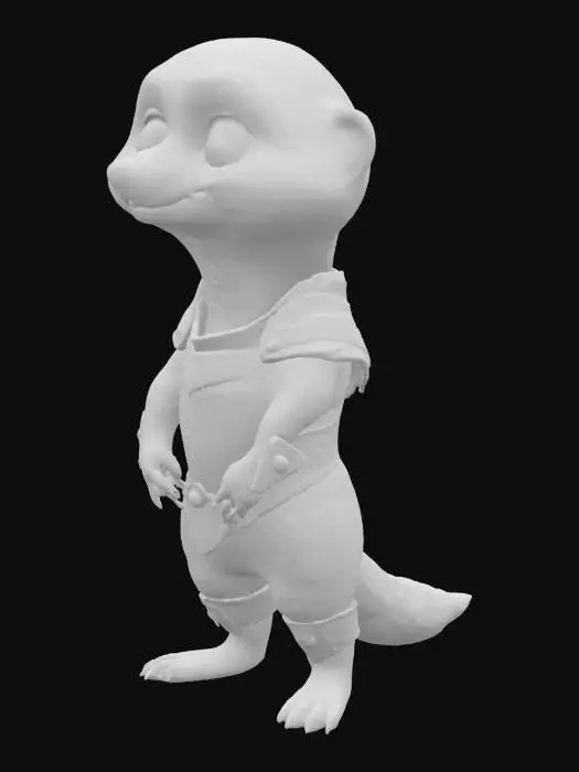 3D model for 一只可爱的卡通狐獴，拥有一个巨大而圆润的头部，与短小的人形身体形成1:1的夸张比例，显得憨态可掬。它全身覆盖着沙棕色的柔软皮毛。四肢短小而略显笨拙。身上穿着一套经典的欧洲铠甲，可能由光泽的金属板和坚韧的皮革组成，表面带有铆钉或简单的纹章，显得既笨重又充满童趣。