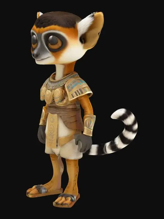 3D model for 一只可爱的卡通狐猴，拥有一个巨大且圆润的头部，与短小的人形身体形成1:1的夸张比例，显得憨态可掬。它全身覆盖着柔软的棕色皮毛，尾巴可能带有黑白环纹。四肢短小而略显笨拙。身上穿着一套古埃及风格的铠甲，可能由金色或青铜色的金属板与亚麻织物组成，表面装饰有象形文字或神兽图案，透露出神秘的异域风情。