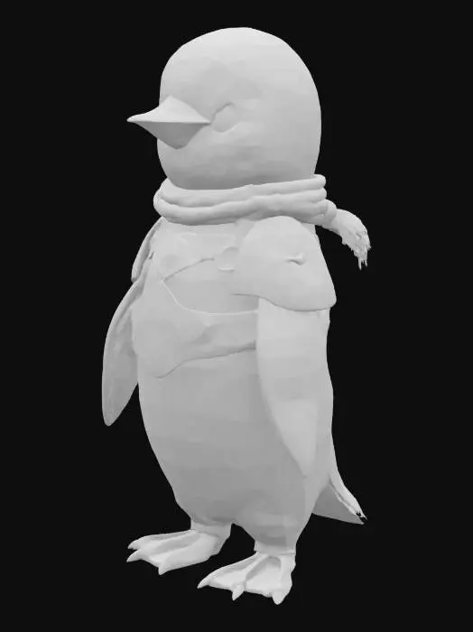 3D model for 一只可爱的卡通女性企鹅，头部巨大而圆润，与短小的身体形成1:1的夸张比例，显得憨态可掬。她一身黑白相间的羽毛光滑且防水，四肢短小而略显笨拙。身上穿着一套受新西兰毛利文化启发的传统铠甲，可能由编织的亚麻（Harakeke）纤维、雕刻的木质或骨质组件构成，表面呈现出自然的纹理和复杂的几何图案，颜色多为天然棕、黑或赭红。整体形象融合了企鹅的可爱与部落的庄重感。