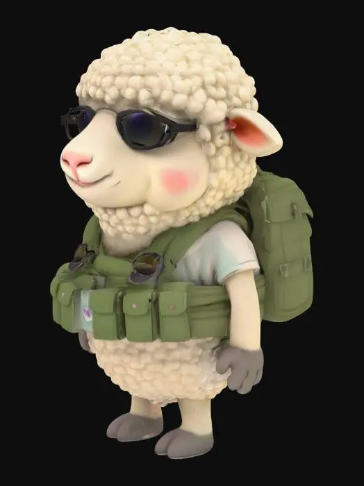 3D model for 一只可爱的卡通绵羊人，身材偏胖，头部巨大圆润，与短小的身体形成1:1的夸张比例，显得憨态可掬。它全身覆盖着柔软洁白的羊毛，四肢短小而粗壮。脸上戴着一副酷炫的墨镜，遮住了眼睛。身上穿着一套完整的现代军装，由耐磨的迷彩布料制成，装备齐全，包括战术背心和小型背包，整体形象既憨厚又充满童趣。