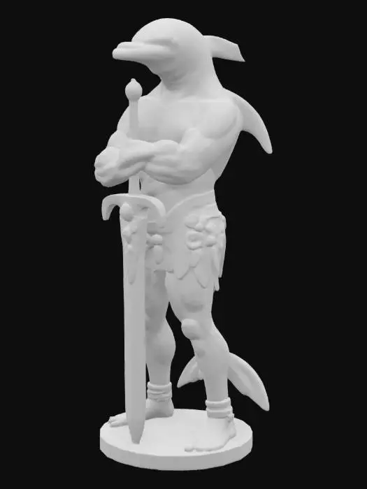 3D model for 一只威武的海豚战士，全身覆盖着光滑的蓝灰色皮肤，鱼鳍已演变为人形双手，下半身为强健有力的鱼尾。它的双手交叉抱在胸前，怀里稳稳地抱着一把巨大的剑，剑身泛着金属光泽。剑鞘表面雕刻着精美的海螺和珊瑚图案，色彩斑斓，质感自然，与海豚的海洋身份完美融合，整体形象充满力量感与独特的海洋魅力。