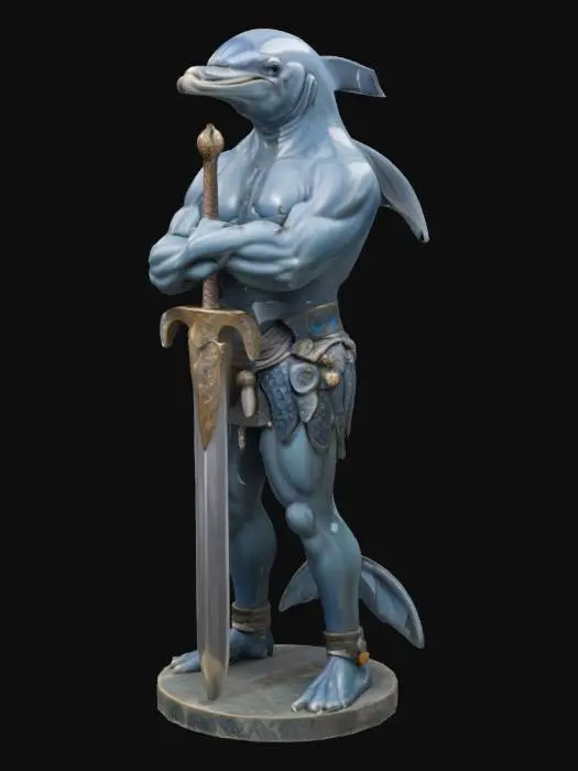 3D model for 一只威武的海豚战士，全身覆盖着光滑的蓝灰色皮肤，鱼鳍已演变为人形双手，下半身为强健有力的鱼尾。它的双手交叉抱在胸前，怀里稳稳地抱着一把巨大的剑，剑身泛着金属光泽。剑鞘表面雕刻着精美的海螺和珊瑚图案，色彩斑斓，质感自然，与海豚的海洋身份完美融合，整体形象充满力量感与独特的海洋魅力。