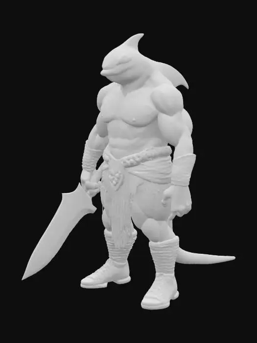 3D model for 一只威猛的虎鲸战士，身躯庞大而流线型，覆盖着光滑的黑白相间皮肤，质感坚韧。它的鱼鳍已演变为强壮有力的人形双手。宽阔的肩膀上扛着一把巨大的砍刀，刀身泛着冰冷的金属光泽。刀刃上装饰着精美的海洋元素，如海螺、珊瑚或波浪纹，表面可能镶嵌有贝壳或珍珠，显得既实用又充满艺术感。整体形象充满力量感与独特的海洋主题。