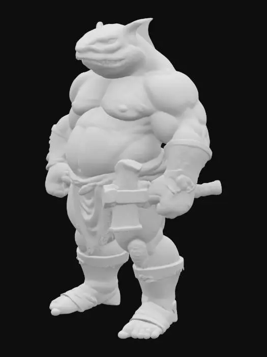 3D model for 一只肌肉异常发达的鲨鱼战士，体态健硕，全身覆盖着粗糙的灰蓝色皮肤，腹部可能为白色。它面部布满深浅不一的伤疤，这些疤痕纵横交错，显示出其久经沙场的韧性与凶悍。强壮有力的手中，紧握着一柄巨大的金属战锤，锤头沉重粗犷，表面泛着冷硬的光泽。整体形象凶悍而充满力量感。