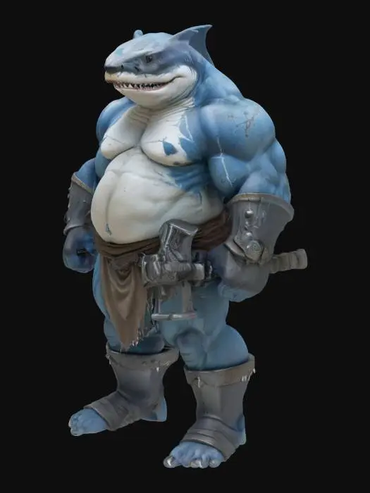 3D model for 一只肌肉异常发达的鲨鱼战士，体态健硕，全身覆盖着粗糙的灰蓝色皮肤，腹部可能为白色。它面部布满深浅不一的伤疤，这些疤痕纵横交错，显示出其久经沙场的韧性与凶悍。强壮有力的手中，紧握着一柄巨大的金属战锤，锤头沉重粗犷，表面泛着冷硬的光泽。整体形象凶悍而充满力量感。