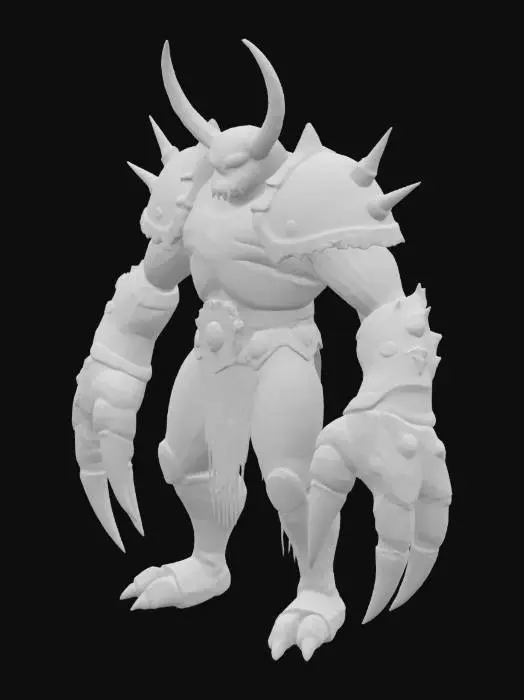 3D model for 一只威猛的帝王蟹战士，身躯庞大，覆盖着坚硬粗糙的深红色甲壳，表面凹凸不平。它拥有八只异常粗壮且巨长的步足，每只步足的末端都牢牢地握着一把锋利的金属匕首，刀刃闪烁着寒光。最前端的两只巨大钳子则各自紧抓着一个坚固的盾牌，盾牌表面可能是金属或厚实甲壳制成。整体形象凶悍而充满压迫性的力量感。