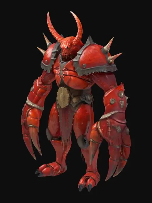 3D model for 一只威猛的帝王蟹战士，身躯庞大，覆盖着坚硬粗糙的深红色甲壳，表面凹凸不平。它拥有八只异常粗壮且巨长的步足，每只步足的末端都牢牢地握着一把锋利的金属匕首，刀刃闪烁着寒光。最前端的两只巨大钳子则各自紧抓着一个坚固的盾牌，盾牌表面可能是金属或厚实甲壳制成。整体形象凶悍而充满压迫性的力量感。