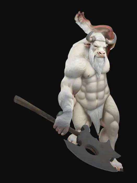 3D model for 一只体型高大笨重的牦牛人，全身覆盖着浓密蓬松的雪白色毛发。它拥有极其巨大的肌肉量，饱满的三角肌高耸的斜方肌，以及粗犷的胳膊和岩石般结实的大腿，骨架显得异常庞大。它那宽厚的大手中，紧抓着一柄锋利的板斧，斧头厚重，泛着粗犷的金属光泽。整体形象威严而充满压倒性的力量感。