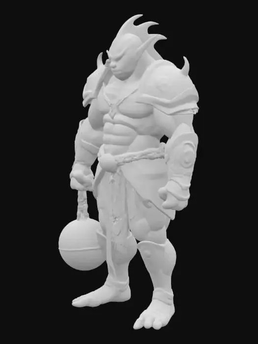 3D model for 一只身体强壮、肌肉发达的金枪鱼战士，全身覆盖着流线型的银灰色鳞片，质感坚韧而光滑。它头部的鱼鳍坚硬有力，眼神锐利。身穿一套紧贴身形的盔甲，可能由轻质的金属或坚韧的甲壳材料制成，表面泛着战斗的光泽。它那粗壮有力的鳍演化而来的手中，紧握着一把沉重的流星锤，锤头是球形的金属或岩石，通过锁链连接，散发着凶猛的力量感。