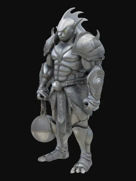 3D model for 一只身体强壮、肌肉发达的金枪鱼战士，全身覆盖着流线型的银灰色鳞片，质感坚韧而光滑。它头部的鱼鳍坚硬有力，眼神锐利。身穿一套紧贴身形的盔甲，可能由轻质的金属或坚韧的甲壳材料制成，表面泛着战斗的光泽。它那粗壮有力的鳍演化而来的手中，紧握着一把沉重的流星锤，锤头是球形的金属或岩石，通过锁链连接，散发着凶猛的力量感。