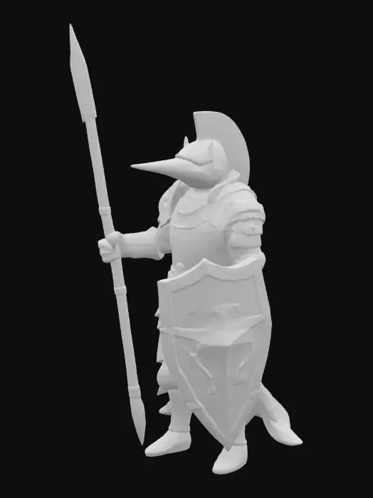 3D model for 一只身穿厚重盔甲的剑鱼士兵，全身覆盖着流线型的银灰色鳞片，质感坚韧而光滑。它最显著的特征是其长而尖锐的上颌（剑吻）。它身披一套由坚硬金属板或甲壳构成的重型盔甲，表面可能带有磨损痕迹。其鳍部演化为强壮有力的双手，一只手紧握着一个坚固的圆形或方形盾牌，另一只手则持着一柄修长的长矛，矛头尖锐。整体形象坚固而充满防御力量。