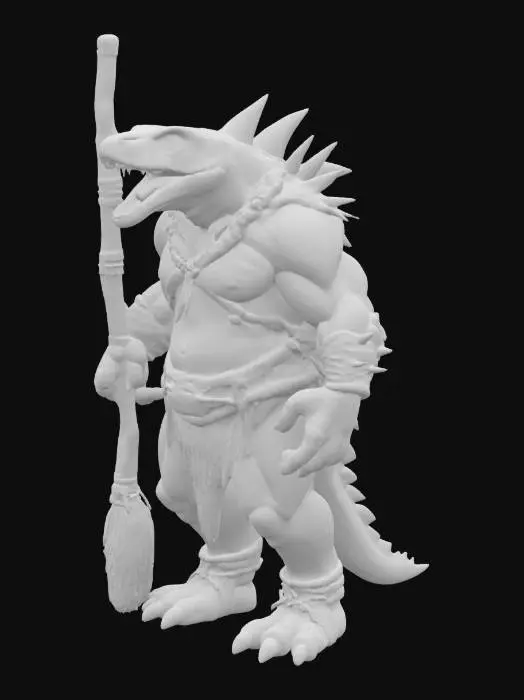 3D model for 一只身形庞大、肌肉虬结的霸王龙野蛮人，全身覆盖着粗糙的鳞片，可能呈灰绿或棕褐色。它穿着简陋的石器时代衣服，由兽皮和粗麻制成，周身布满了大大小小的破补丁，边缘撕裂，显得饱经风霜。它那粗壮有力的手中，紧握着一根巨大而原始的木棒，木棒表面粗糙，可能带有尖刺或缠绕着藤蔓。整体形象凶猛而充满原始野性。