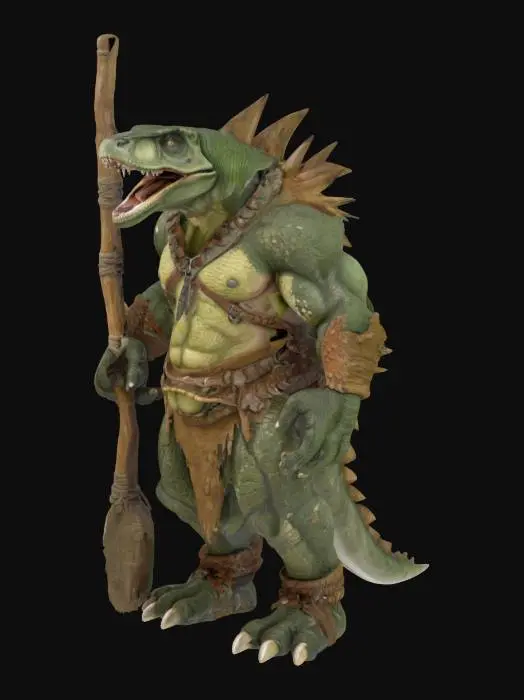 3D model for 一只身形庞大、肌肉虬结的霸王龙野蛮人，全身覆盖着粗糙的鳞片，可能呈灰绿或棕褐色。它穿着简陋的石器时代衣服，由兽皮和粗麻制成，周身布满了大大小小的破补丁，边缘撕裂，显得饱经风霜。它那粗壮有力的手中，紧握着一根巨大而原始的木棒，木棒表面粗糙，可能带有尖刺或缠绕着藤蔓。整体形象凶猛而充满原始野性。