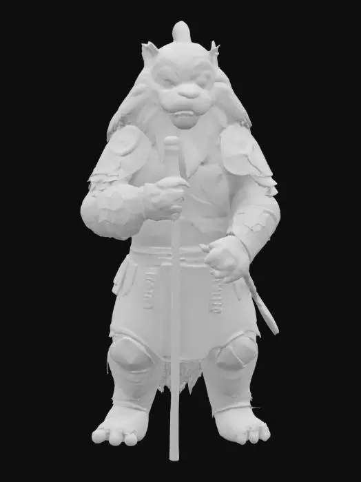 3D model for 一只身材魁梧的藏獒人战士,全身覆盖着浓密蓬松的棕红色毛发,其间夹杂着黑色或金色的斑纹。它肌肉发达,同时伴随着一层厚实的脂肪,显得异常笨重而扎实。它身穿一套厚重的盔甲,可能由粗糙的皮革和坚固的铁片组成,表面泛着沉重的光泽。它那粗壮有力的手中,紧握着一把沉重的禅杖,杖身由金属或硬木制成,顶端可能带有环状或佛珠装饰。整体形象威猛而充满压迫感。