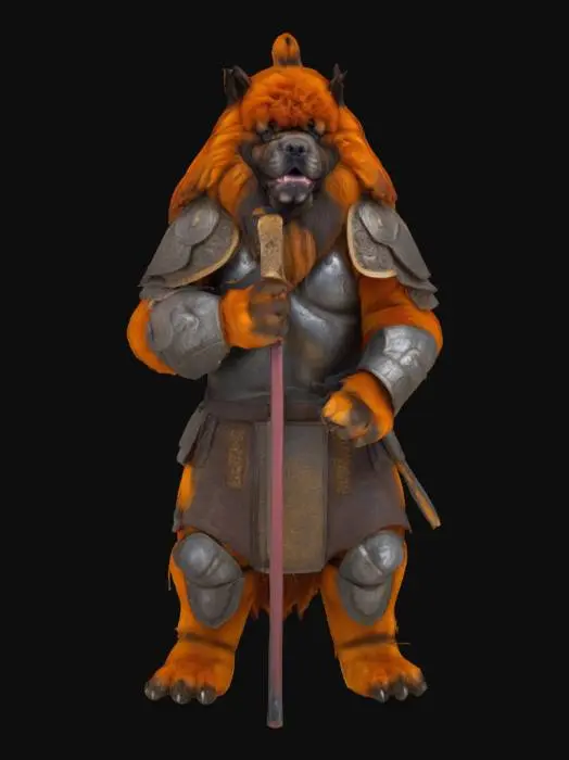 3D model for 一只身材魁梧的藏獒人战士,全身覆盖着浓密蓬松的棕红色毛发,其间夹杂着黑色或金色的斑纹。它肌肉发达,同时伴随着一层厚实的脂肪,显得异常笨重而扎实。它身穿一套厚重的盔甲,可能由粗糙的皮革和坚固的铁片组成,表面泛着沉重的光泽。它那粗壮有力的手中,紧握着一把沉重的禅杖,杖身由金属或硬木制成,顶端可能带有环状或佛珠装饰。整体形象威猛而充满压迫感。