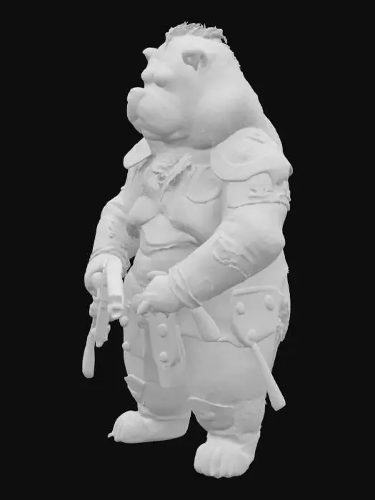 3D model for 一只身材魁梧的藏獒人战士，全身覆盖着浓密蓬松的棕红色毛发，其间夹杂着黑色或金色的斑纹。它肌肉发达，同时伴随着一层厚实的脂肪，显得异常笨重而扎实。它身穿一套厚重的盔甲，可能由粗糙的皮革和坚固的铁片组成，表面泛着沉重的光泽。它那粗壮有力的手中，紧握着一把复古的鸟铳，枪身由木材与金属构成，枪口粗大，显得笨重而具有威慑力。整体形象威猛而充满压迫感。