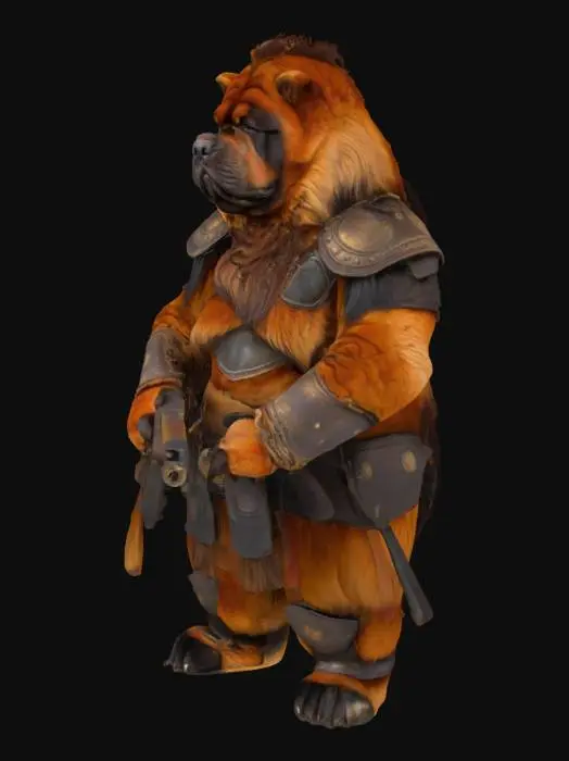 3D model for 一只身材魁梧的藏獒人战士，全身覆盖着浓密蓬松的棕红色毛发，其间夹杂着黑色或金色的斑纹。它肌肉发达，同时伴随着一层厚实的脂肪，显得异常笨重而扎实。它身穿一套厚重的盔甲，可能由粗糙的皮革和坚固的铁片组成，表面泛着沉重的光泽。它那粗壮有力的手中，紧握着一把复古的鸟铳，枪身由木材与金属构成，枪口粗大，显得笨重而具有威慑力。整体形象威猛而充满压迫感。