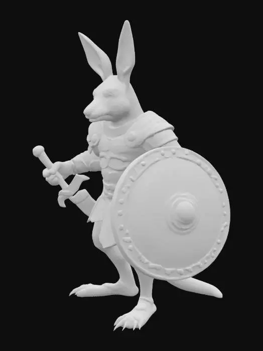 3D model for 一只身材魁梧的袋鼠人战士，肌肉发达且体态圆胖，显得笨重而坚实。它身披一套经典的罗马盔甲，由闪亮的青铜或铁片层叠而成，表面可能带有磨损的痕迹。它那粗壮有力的手中，紧握着一把短柄的罗马短剑，剑身宽厚锋利，另一只手则持着一个坚固的圆形盾牌，盾牌边缘镶嵌着金属。整体形象威猛而充满古典力量感。