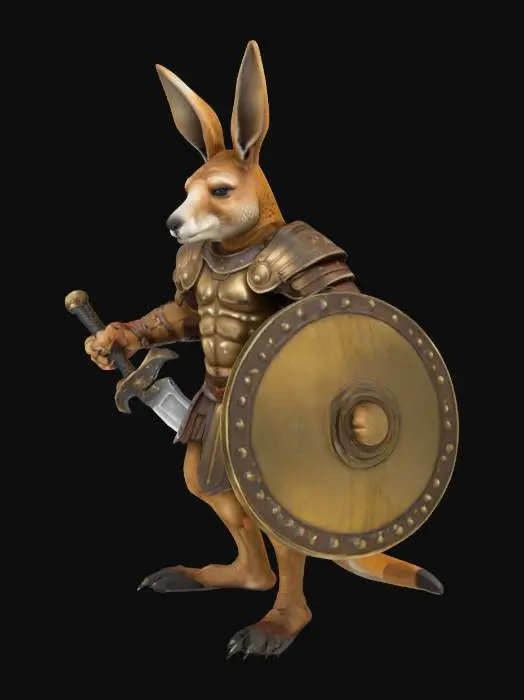 3D model for 一只身材魁梧的袋鼠人战士，肌肉发达且体态圆胖，显得笨重而坚实。它身披一套经典的罗马盔甲，由闪亮的青铜或铁片层叠而成，表面可能带有磨损的痕迹。它那粗壮有力的手中，紧握着一把短柄的罗马短剑，剑身宽厚锋利，另一只手则持着一个坚固的圆形盾牌，盾牌边缘镶嵌着金属。整体形象威猛而充满古典力量感。