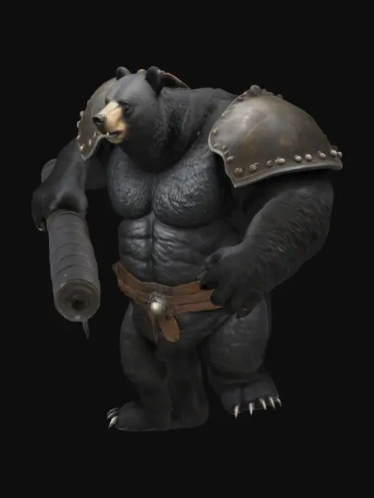 3D model for 一只身材魁梧的黑熊人战士，全身覆盖着浓密厚实的黑色毛发，肌肉异常发达，同时伴随着一层厚实的脂肪，显得异常笨重。它身穿一套厚重的盔甲，可能由粗糙的皮革和坚固的铁片组成，表面泛着沉重的光泽。它那粗壮有力的肩膀上，稳稳地扛着一门巨大的加农炮，炮身由乌黑的金属铸造，炮口粗大。整体形象威猛而充满压迫感。