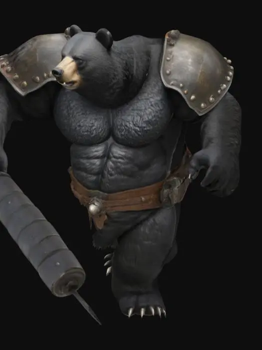 3D model for 一只身材魁梧的黑熊人战士，全身覆盖着浓密厚实的黑色毛发，肌肉异常发达，同时伴随着一层厚实的脂肪，显得异常笨重。它身穿一套厚重的盔甲，可能由粗糙的皮革和坚固的铁片组成，表面泛着沉重的光泽。它那粗壮有力的肩膀上，稳稳地扛着一门巨大的加农炮，炮身由乌黑的金属铸造，炮口粗大。整体形象威猛而充满压迫感。