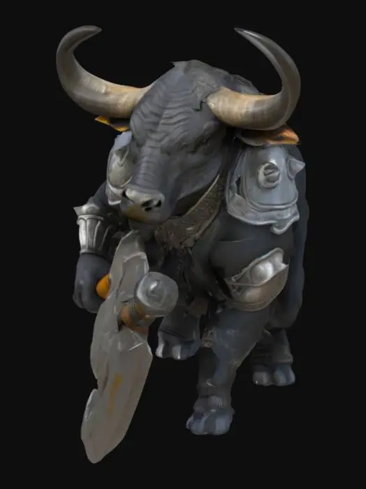 3D model for 一只肌肉发达的水牛战士，身躯庞大而强壮，覆盖着粗糙的深灰色短毛。它头顶坚硬的牛角威猛有力。它身穿一套坚固的金属盔甲，甲片之间严丝合缝，表面泛着沉重的光泽，显得坚不可摧。那粗壮有力的手中，紧握着一把巨大的战斧，斧头宽厚沉重，斧刃锋利，散发着冰冷的金属光泽。整体形象威严而充满压迫性的力量。