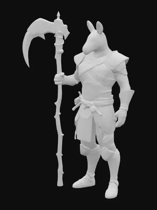 3D model for A formidable zebra warrior stands tall, covered in distinct black and white stripes of short, smooth fur. He is clad in heavy, dark metal armor, its robust plates gleaming with a cold sheen, suggesting immense protection. In his strong hand, he grasps a very long wolf fang mace. The mace features a sturdy wooden shaft, topped with a large, brutal head covered in sharp, ivory-colored wolf fangs, projecting raw, primal power. His posture is resolute.