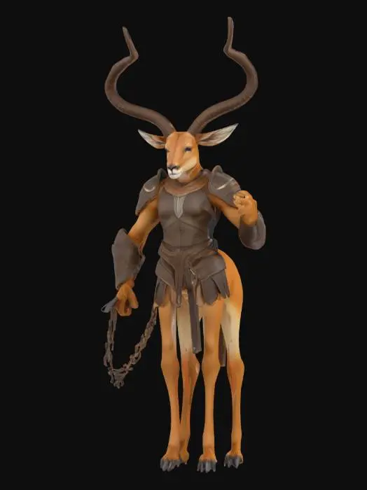 3D model for 一只敏捷的羚羊战士，全身覆盖着柔顺的沙棕色短毛，修长的四肢肌肉线条流畅。它头顶两根螺旋状的羚羊角，显得坚韧而优雅。它身穿一套轻便的盔甲，可能由皮革或轻质金属制成，表面泛着柔和的光泽，不影响其敏捷性。它那纤长有力的手中，紧握着一条由粗犷铁链编织而成的鞭子，铁链环环相扣，泛着冰冷的金属光泽，显得沉重而富有攻击性。