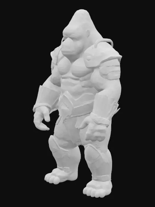 3D model for 一只身材高大、肌肉发达的银背大猩猩战士，其标志性的银色背部毛发粗糙而浓密，与其余部位的黑色毛发形成鲜明对比。它身躯巨大，体态魁梧，显得异常笨重。身披一套厚重的金属重甲，表面泛着冷硬的光泽，坚不可摧。它那粗壮有力的双手戴着一副厚重的钢铁拳套，拳套表面可能带有铆钉或尖刺。整体形象威严而充满压迫性。