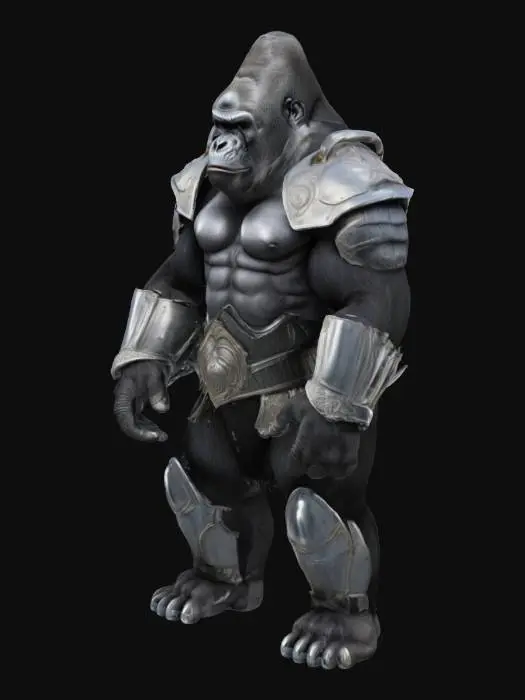 3D model for 一只身材高大、肌肉发达的银背大猩猩战士，其标志性的银色背部毛发粗糙而浓密，与其余部位的黑色毛发形成鲜明对比。它身躯巨大，体态魁梧，显得异常笨重。身披一套厚重的金属重甲，表面泛着冷硬的光泽，坚不可摧。它那粗壮有力的双手戴着一副厚重的钢铁拳套，拳套表面可能带有铆钉或尖刺。整体形象威严而充满压迫性。