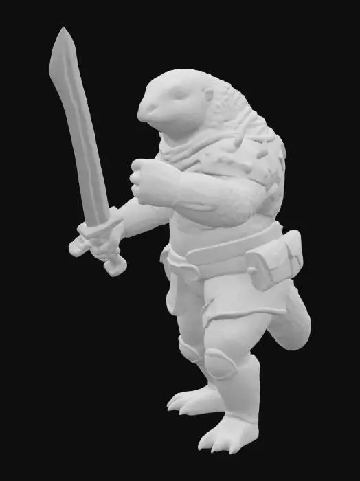 3D model for 一只警惕的穿山甲哨兵，身躯被坚硬的深灰色鳞片覆盖，鳞片边缘锋利，质感粗糙。它以直立姿态站立，身穿一套轻便的皮革或布质轻甲，其上可能镶嵌有少量金属片，不影响其卷曲防御的能力。它那短而有力的手中，紧握着一把锋利的金属短剑，剑身小巧而致命，刀刃闪烁着寒光。整体形象显得机警而充满防御性。