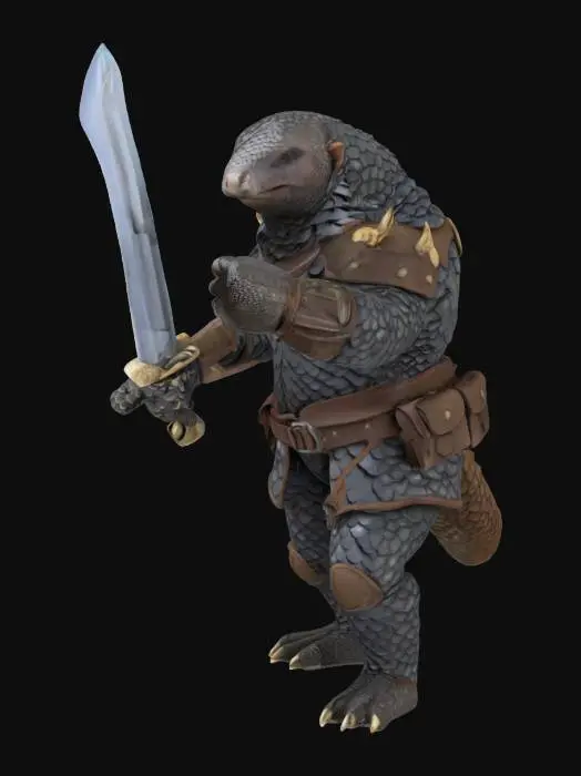 3D model for 一只警惕的穿山甲哨兵，身躯被坚硬的深灰色鳞片覆盖，鳞片边缘锋利，质感粗糙。它以直立姿态站立，身穿一套轻便的皮革或布质轻甲，其上可能镶嵌有少量金属片，不影响其卷曲防御的能力。它那短而有力的手中，紧握着一把锋利的金属短剑，剑身小巧而致命，刀刃闪烁着寒光。整体形象显得机警而充满防御性。