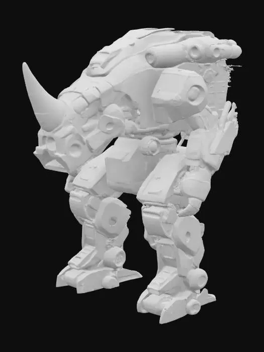 3D model for 一个未来机甲犀牛，浑身覆盖着闪亮的现代钢铁，其巨大的身躯显得笨重而力量感十足，整体形态酷似一只真实的犀牛。它的脸部完全被机甲覆盖。双手是两把巨大的炮筒，炮口粗大，泛着乌黑的金属光泽。腰部挂满了球形手雷。背部设有一个醒目的正方体导弹发射器，肩膀上则装备着小型导弹。双脚由两个坚固的减震装置支撑。它的眼睛发出锐利的激光。