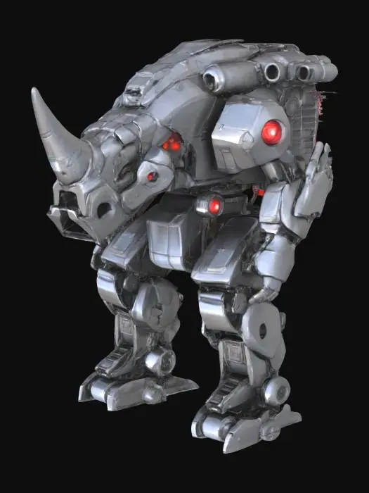 3D model for 一个未来机甲犀牛，浑身覆盖着闪亮的现代钢铁，其巨大的身躯显得笨重而力量感十足，整体形态酷似一只真实的犀牛。它的脸部完全被机甲覆盖。双手是两把巨大的炮筒，炮口粗大，泛着乌黑的金属光泽。腰部挂满了球形手雷。背部设有一个醒目的正方体导弹发射器，肩膀上则装备着小型导弹。双脚由两个坚固的减震装置支撑。它的眼睛发出锐利的激光。