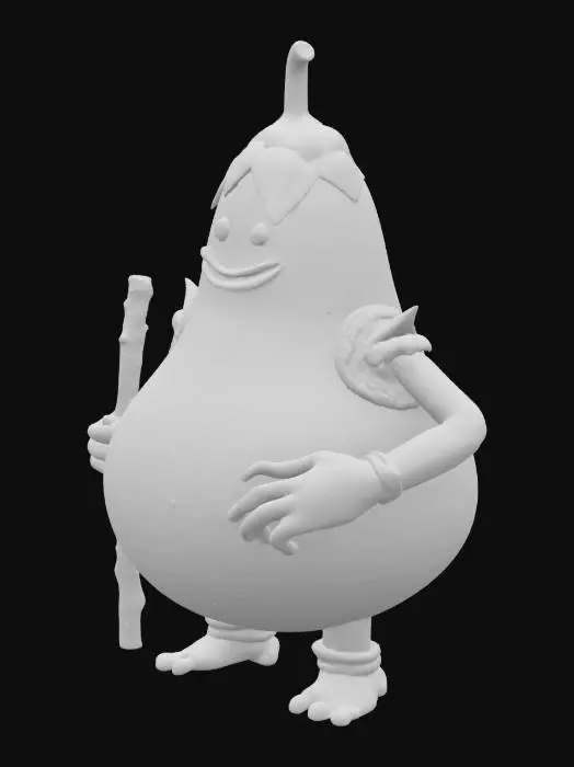 3D model for 一个外形酷似巨大茄子的怪物，身形肥胖圆润，全身覆盖着光滑饱满的深紫色表皮，顶端带有绿色的茄蒂。它拥有两条粗短的胳膊，却没有任何腿部，显得笨拙。身上穿着一套轻便的铠甲，可能由轻质皮革或编织物制成，贴合其臃肿的身形。它那胖乎乎的手中，紧握着一根由木材或金属制成的短棍，棍身粗糙。整体形象既滑稽又带有一丝奇特的力量感。