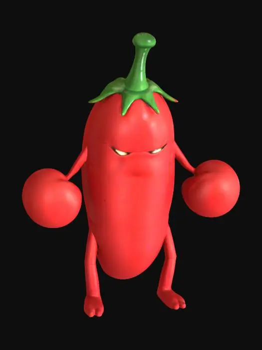 3D model for 一只身材修长、浑身鲜红的辣椒怪，其身体呈锥形，表面光滑且富有光泽，顶端可能带有绿色的蒂。它那纤长有力的手臂戴着一对厚实鲜亮的红色拳击手套，手套表面可能由皮革或合成材料制成。整体形象显得充满活力，仿佛随时能爆发出辛辣的攻击力。