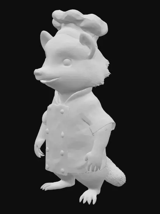 3D model for 一只头身比例为1:1的蜜獾厨师，头部硕大，四肢短小粗壮，全身覆盖着粗糙的黑白相间毛发。它身穿一套洁白的厨师服，布料挺括，线条简洁。蜜獾面部表情可能坚毅而专注，透露出其天不怕地不怕的本性。整体形象既憨厚又充满独特的力量感。