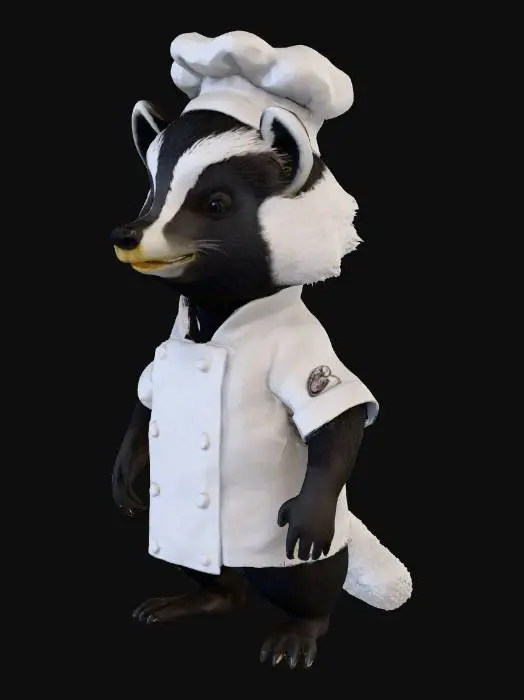 3D model for 一只头身比例为1:1的蜜獾厨师，头部硕大，四肢短小粗壮，全身覆盖着粗糙的黑白相间毛发。它身穿一套洁白的厨师服，布料挺括，线条简洁。蜜獾面部表情可能坚毅而专注，透露出其天不怕地不怕的本性。整体形象既憨厚又充满独特的力量感。