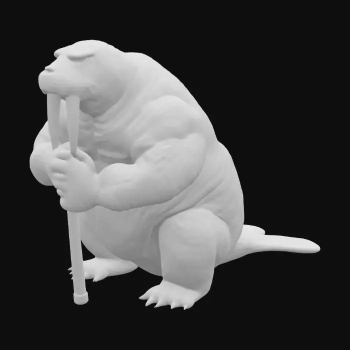 3D model for 一只粗壮的海象士兵，全身覆盖着厚重而粗糙的棕灰色皮肤，布满褶皱。它口中伸出两根异常夸张的、长而弯曲的白色象牙，表面光滑且尖锐。强壮的手中紧握着一根沉重的粗铁棍，棍身粗犷，表面泛着冰冷的金属光泽，质感坚硬。整体形象笨重而充满力量感。