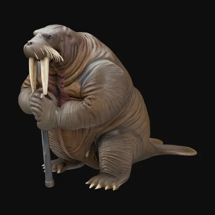 3D model for 一只粗壮的海象士兵，全身覆盖着厚重而粗糙的棕灰色皮肤，布满褶皱。它口中伸出两根异常夸张的、长而弯曲的白色象牙，表面光滑且尖锐。强壮的手中紧握着一根沉重的粗铁棍，棍身粗犷，表面泛着冰冷的金属光泽，质感坚硬。整体形象笨重而充满力量感。