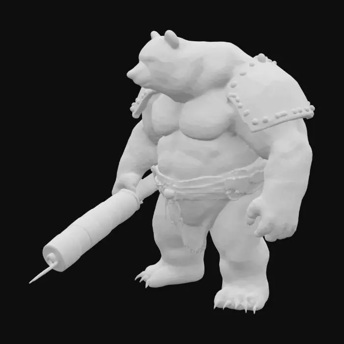 3D model for 一只身材魁梧的黑熊人战士，全身覆盖着浓密厚实的黑色毛发，肌肉异常发达，同时伴随着一层厚实的脂肪，显得异常笨重。它身穿一套厚重的盔甲，可能由粗糙的皮革和坚固的铁片组成，表面泛着沉重的光泽。它那粗壮有力的肩膀上，稳稳地扛着一门巨大的加农炮，炮身由乌黑的金属铸造，炮口粗大。整体形象威猛而充满压迫感。