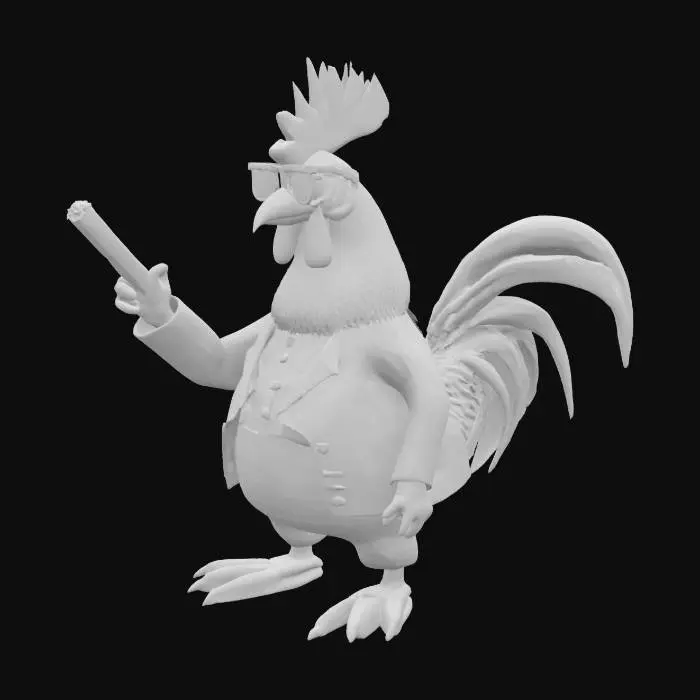 3D model for 一只打扮绅士的大公鸡，其羽毛光泽亮丽，颜色鲜艳。它身穿一套剪裁合体的黑色西装，布料平整考究，搭配洁白的衬衫。脸上戴着一副酷炫的黑色墨镜，遮住了眼睛，叼着一根燃着火星的雪茄，散发出淡淡的烟草香气。鸡翅已演变为灵活的双手，鸡爪则成为了支撑其站立的双脚。整体形象显得既滑稽又酷劲十足。